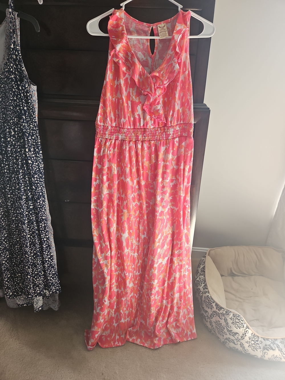 Faded Glory Coral Pink Printed Ruffled Maxi Dress